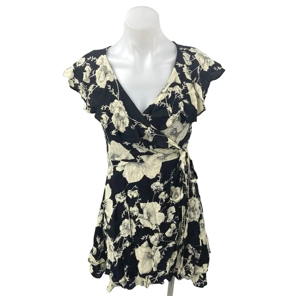 Free People Black White Floral Print V-Neck Ruffle Sleeve Mini Wrap Dress Size S